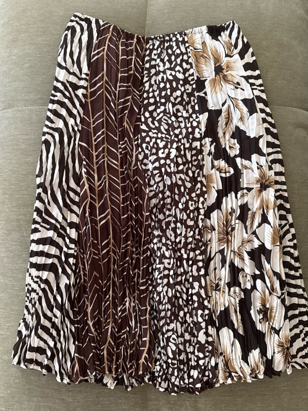 Allison Taylor Mixed-Print Pleated Midi Skirt in Black and Brown